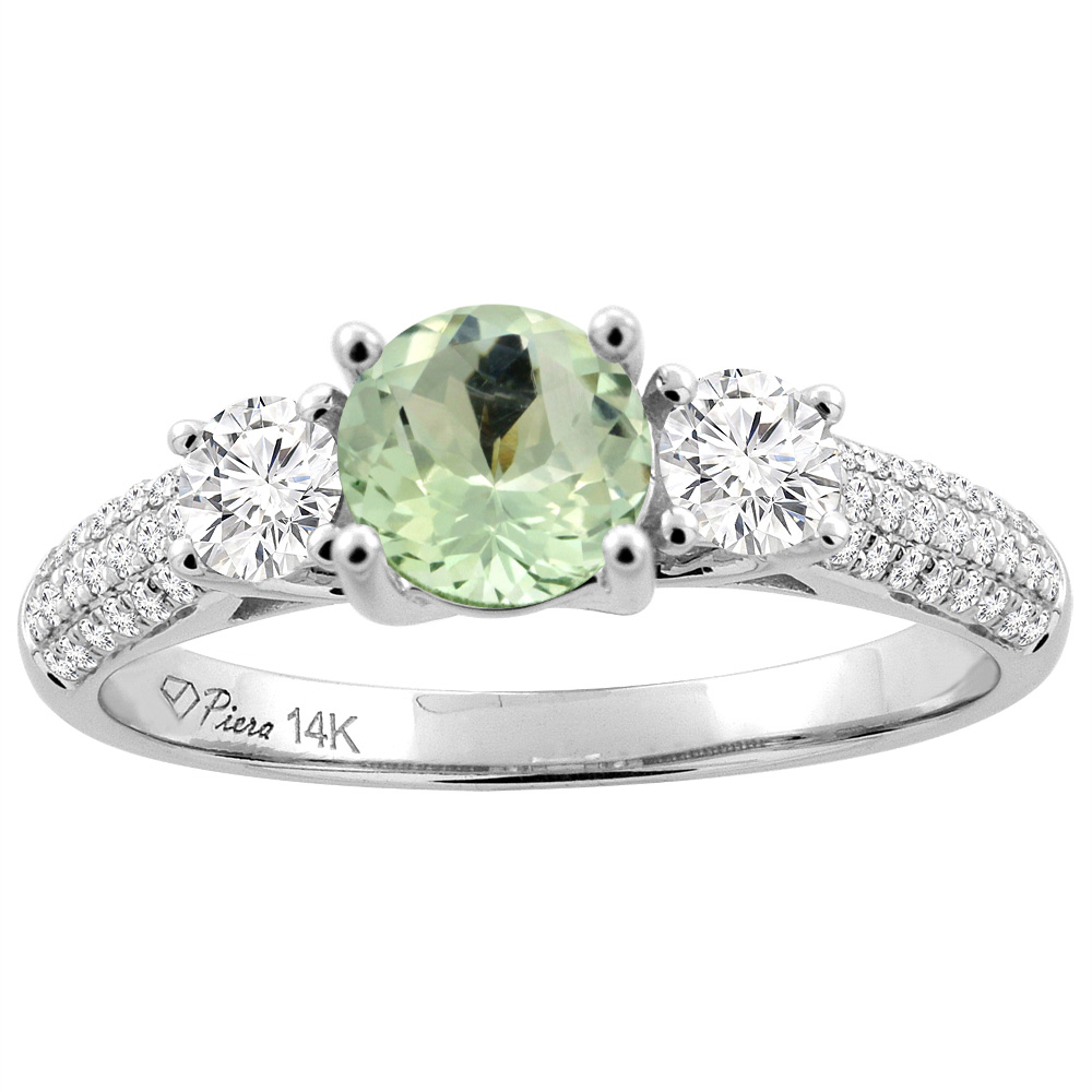 14K White Gold Natural Green Amethyst Engagement Ring Round 6 mm & Diamond Accents, sizes 5 - 10