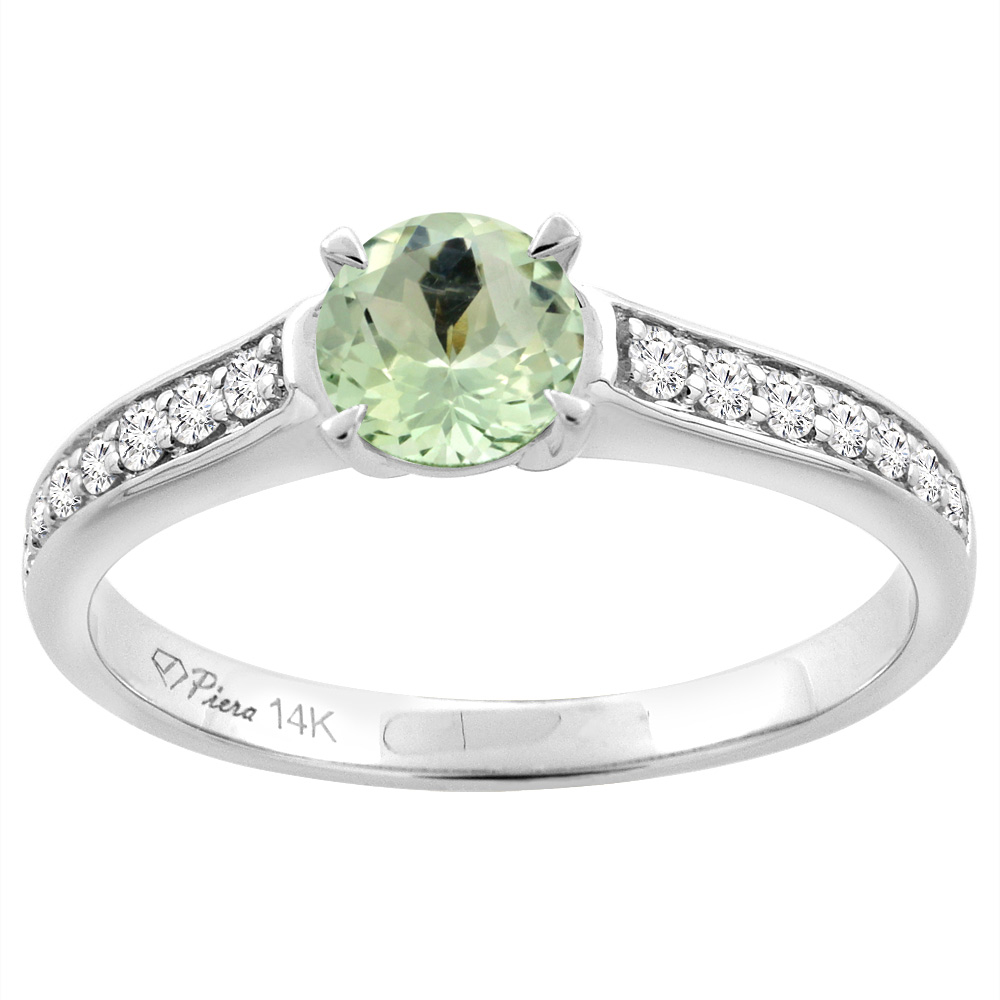 14K White Gold Natural Green Amethyst Engagement Ring Round 6 mm & Diamond Accents, sizes 5 - 10