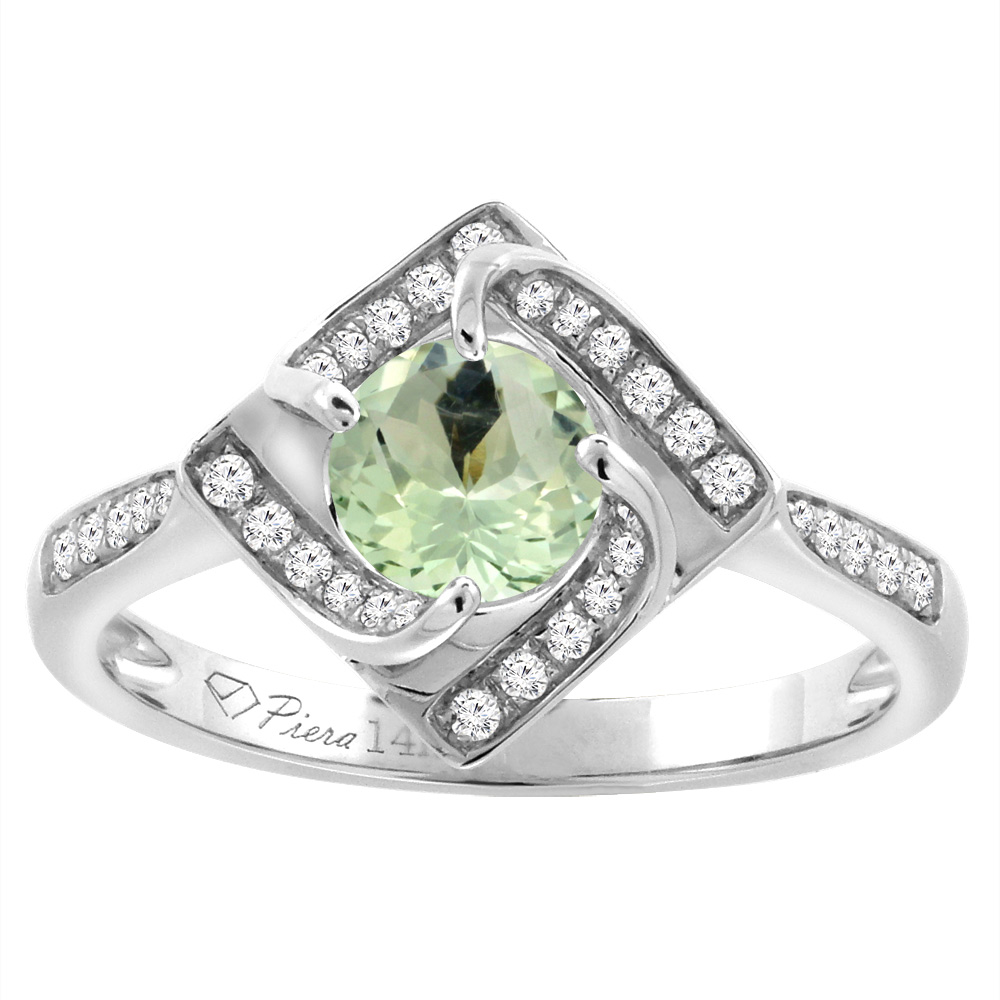 14K White Gold Diamond Natural Green Amethyst Engagement Ring Round 7 mm, sizes 5-10