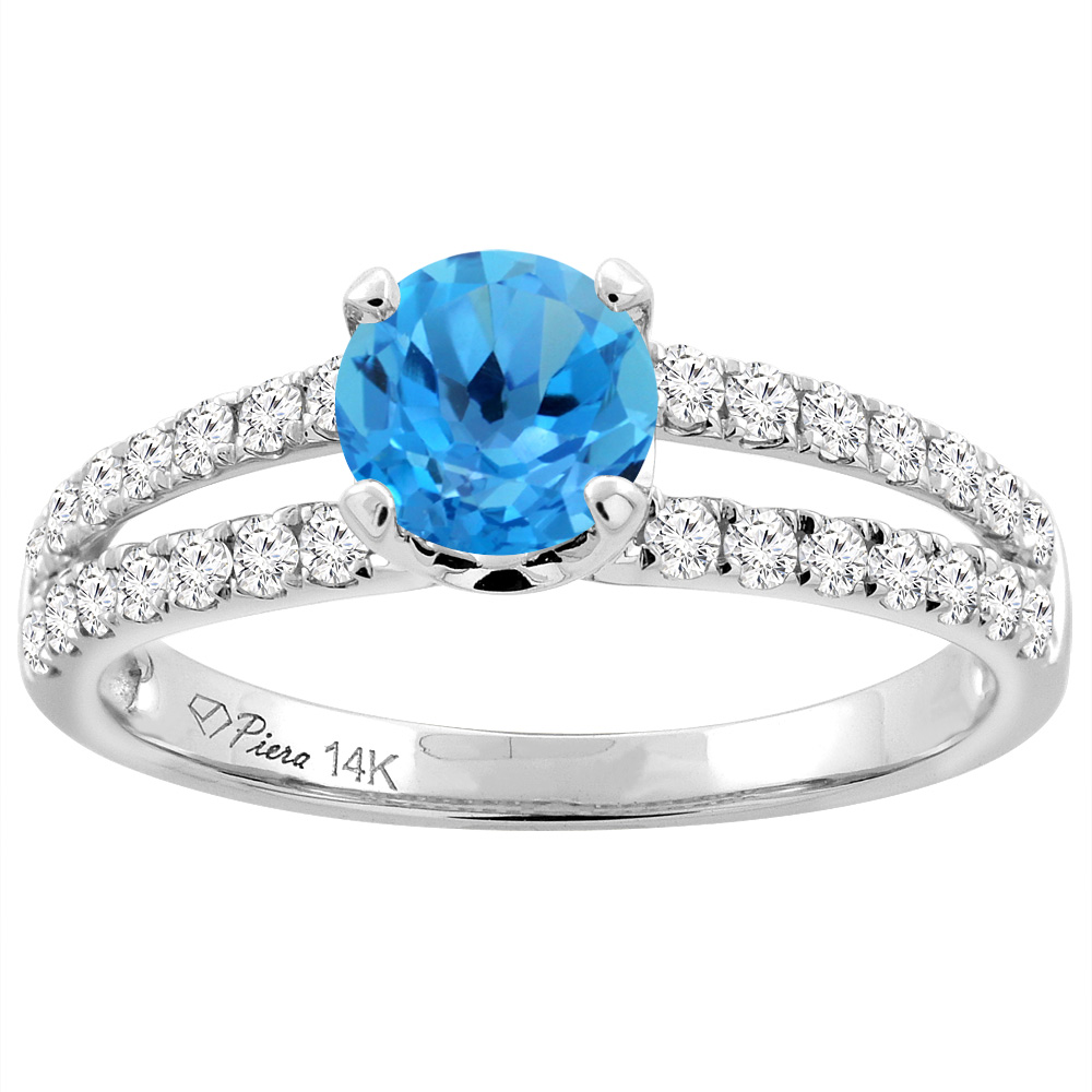 14K White Gold Natural Swiss Blue Topaz Engagement Ring Round 6 mm Split Shank Diamond Accents, sizes 5 - 10