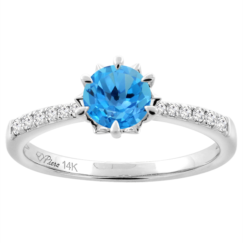 14K White Gold Natural Swiss Blue Topaz Engagement Ring Round 6 mm & Diamond Accents, sizes 5 - 10