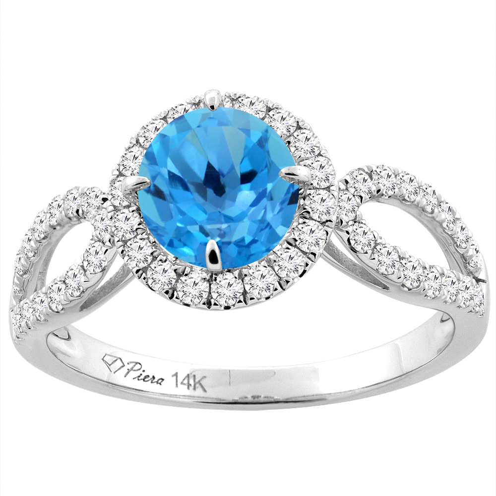 14K White Gold Natural Swiss Blue Topaz Engagement Halo Ring Round 6 mm & Diamond Accents, sizes 5 - 10