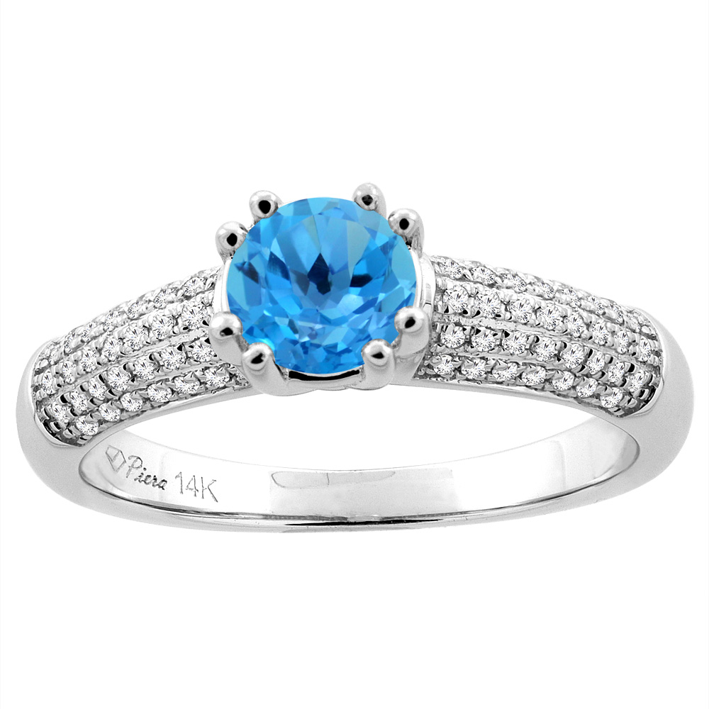 14K White Gold Natural Swiss Blue Topaz Engagement Ring Round 6 mm & Diamond Accents, sizes 5 - 10