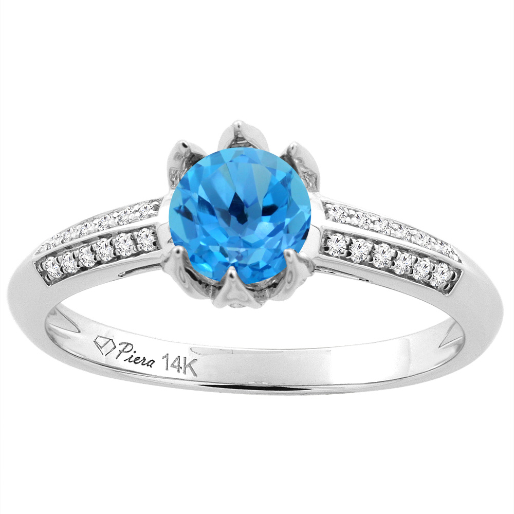 14K White Gold Natural Swiss Blue Topaz Engagement Ring Round 6 mm & Diamond Accents, sizes 5 - 10