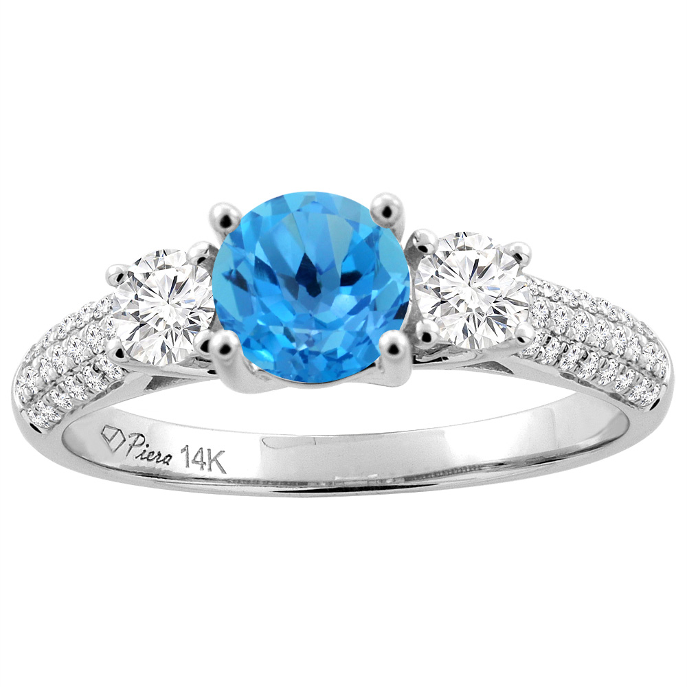 14K White Gold Natural Swiss Blue Topaz Engagement Ring Round 6 mm & Diamond Accents, sizes 5 - 10