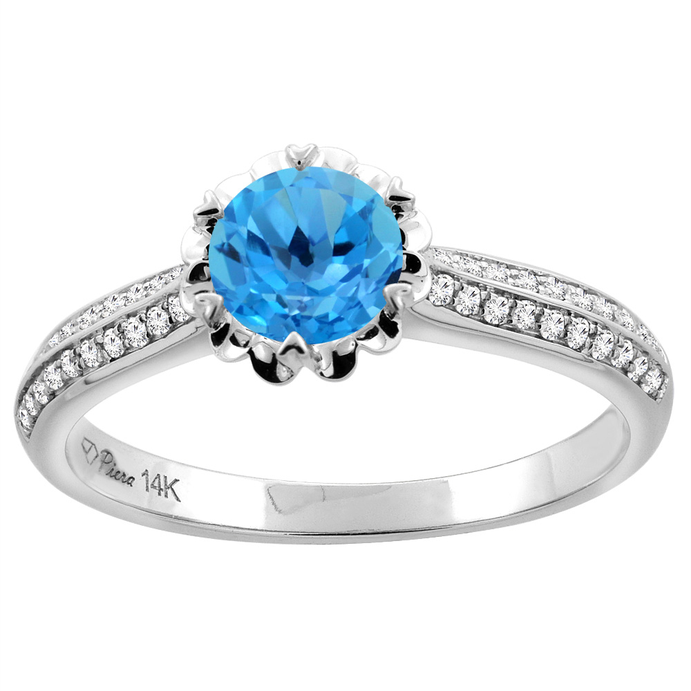 14K White Gold Natural Swiss Blue Topaz Engagement Ring Round 6 mm & Diamond Accents, sizes 5 - 10