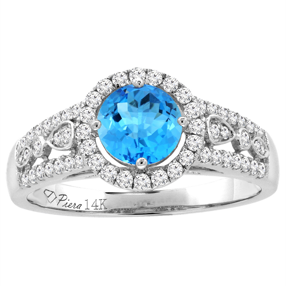 14K White Gold Diamond Natural Swiss Blue Topaz Engagement Halo Ring Round 7 mm, sizes 5-10