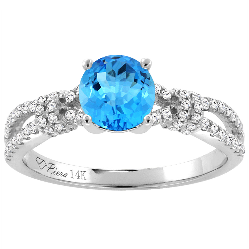 14K White Gold Diamond Natural Swiss Blue Topaz Engagement Ring Round 7 mm, sizes 5-10