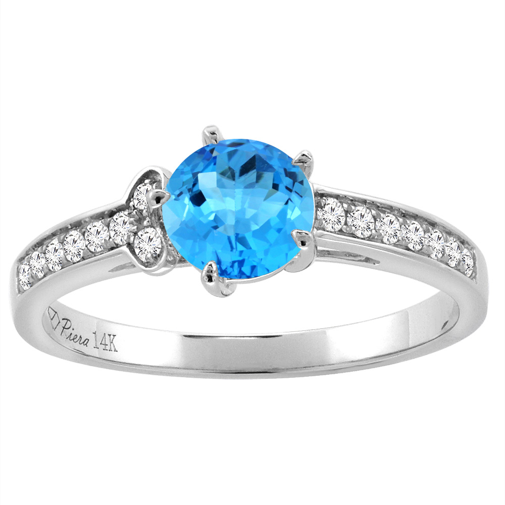 14K White Gold Diamond Natural Swiss Blue Topaz Engagement Ring Round 7 mm, sizes 5-10