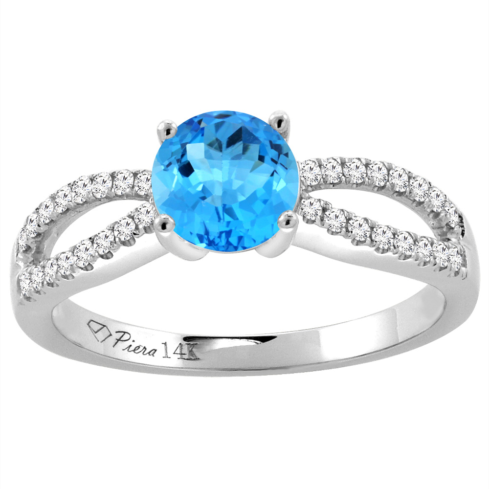 14K White Gold Diamond Natural Swiss Blue Topaz Engagement Ring Round 7 mm, sizes 5-10