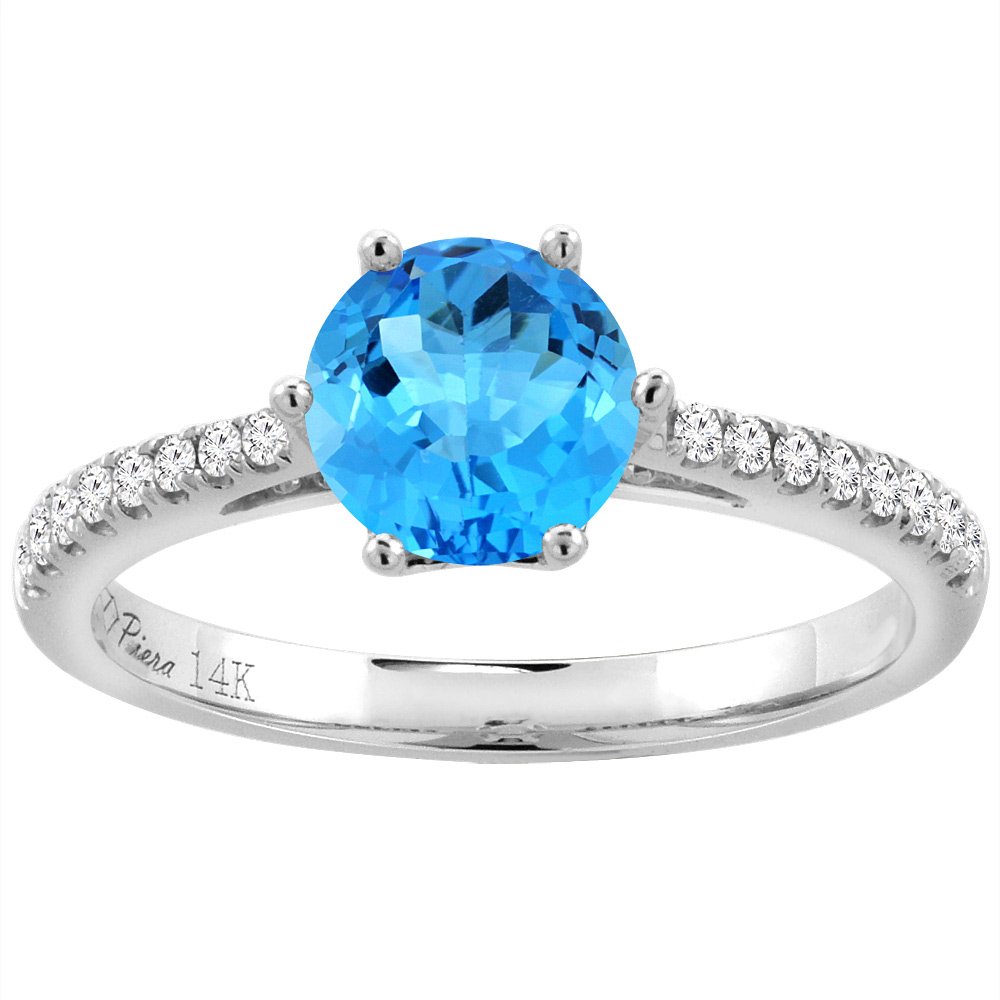 14K White Gold Diamond Natural Swiss Blue Topaz Engagement Ring Round 7 mm, sizes 5-10