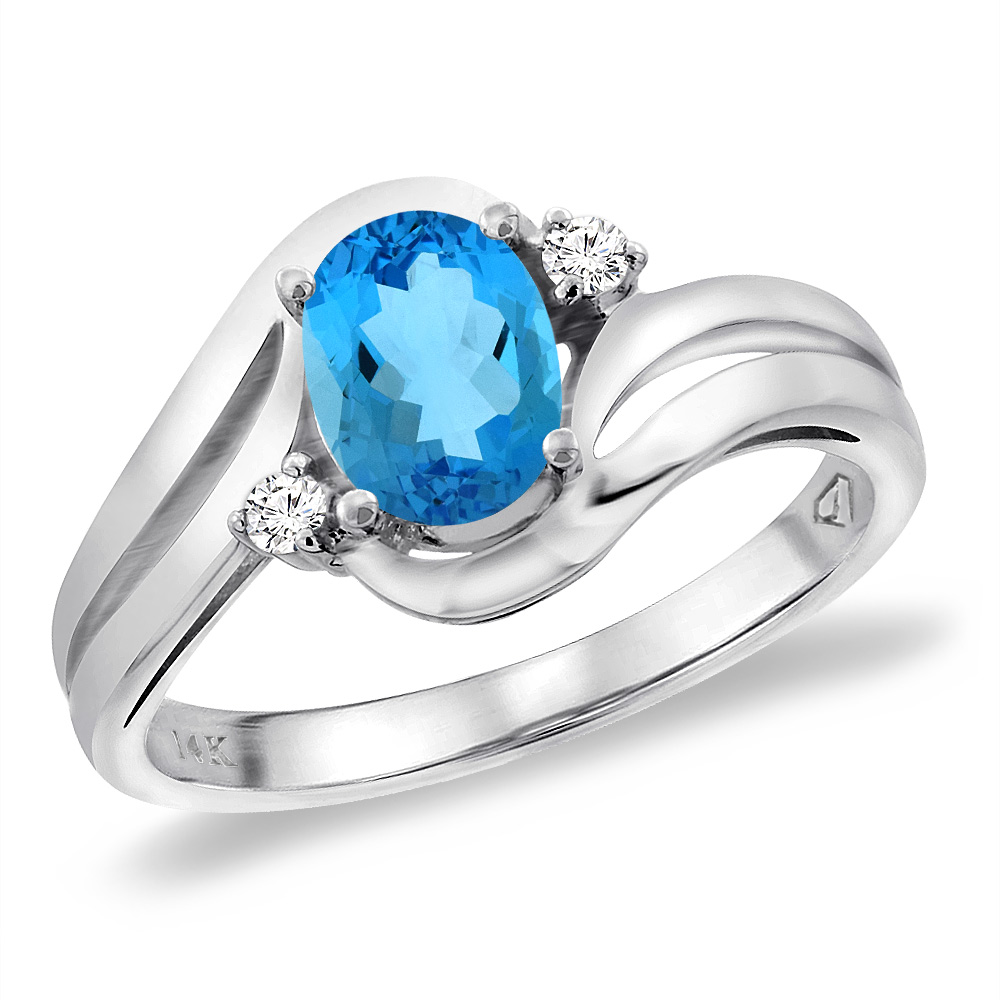 14K White Gold Diamond Natural Swiss Blue Topaz Bypass Engagement Ring Oval 8x6 mm, sizes 5 -10