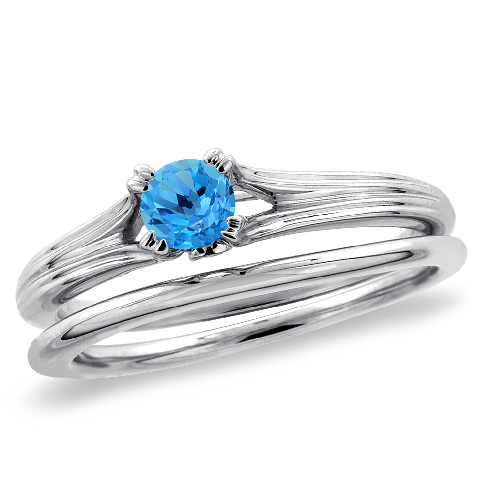 14K White Gold Diamond Natural Swiss Blue Topaz 2pc Solitaire Engagement RingSet Round 5mm,size5-10