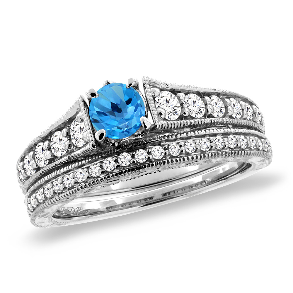 14K White Gold Diamond Natural Swiss Blue Topaz 2pc Engagement Ring Set Round 5 mm,size 5-10