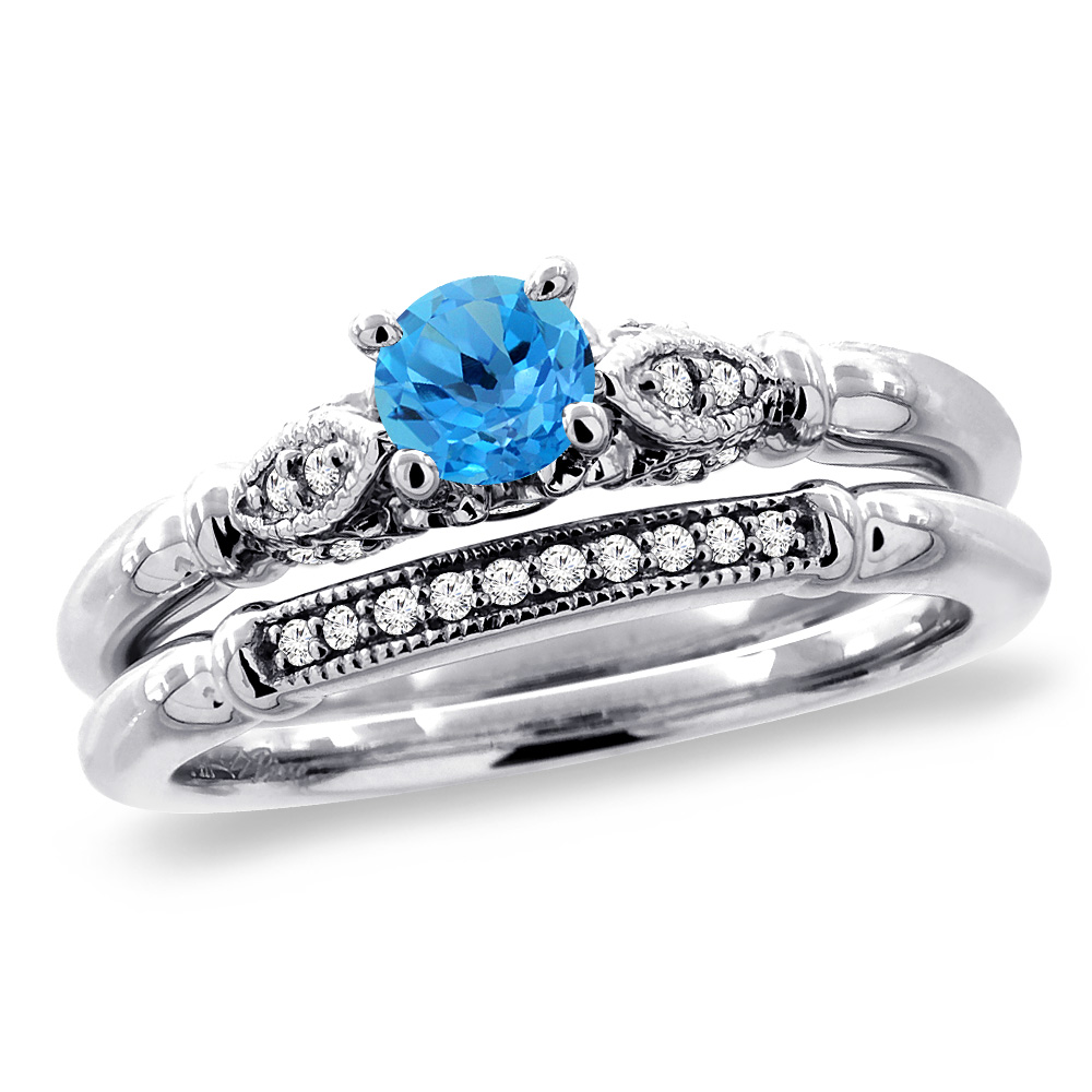 14K White Gold Diamond Natural Swiss BlueTopaz 2pc Engagement Ring Set Round 4 mm, sizes 5 - 10