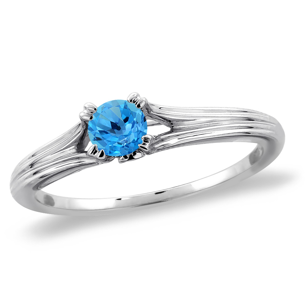 14K White Gold Diamond Natural Swiss Blue Topaz Solitaire Engagement Ring Round 5 mm, sizes 5 -10