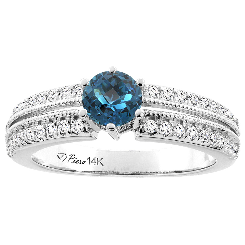 14K White Gold Natural London Blue Topaz & Diamond Ring Round 6 mm, sizes 5-10