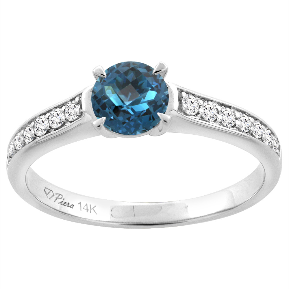 14K White Gold Natural London Blue Topaz Engagement Ring Round 6 mm & Diamond Accents, sizes 5 - 10