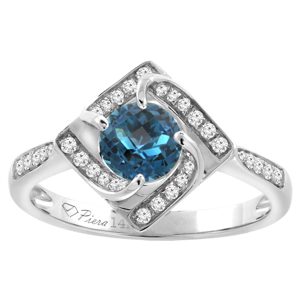 14K White Gold Diamond Natural London Blue Topaz Engagement Ring Round 7 mm, sizes 5-10