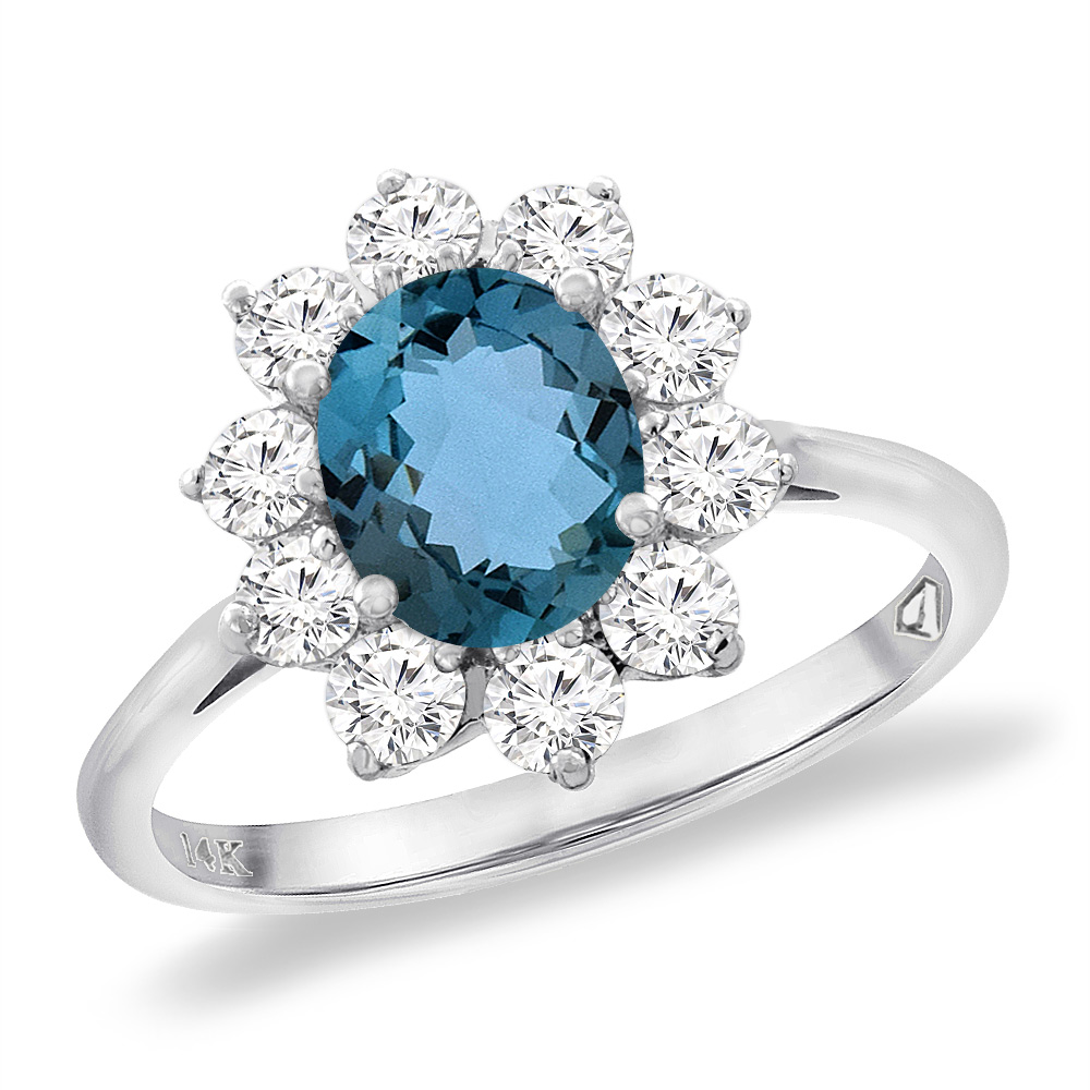 14K White Gold Diamond Natural London Blue Topaz Engagement Ring Oval 8x6 mm, sizes 5 -10