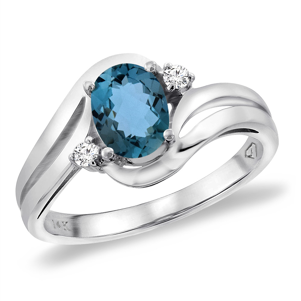 14K White Gold Diamond Natural London Blue Topaz Bypass Engagement Ring Oval 8x6 mm, sizes 5 -10