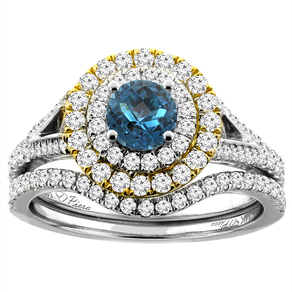 14K White Gold Diamond Natural London Blue Topaz Halo Engagement Bridal Ring Set Round 5 mm, sizes 5-10