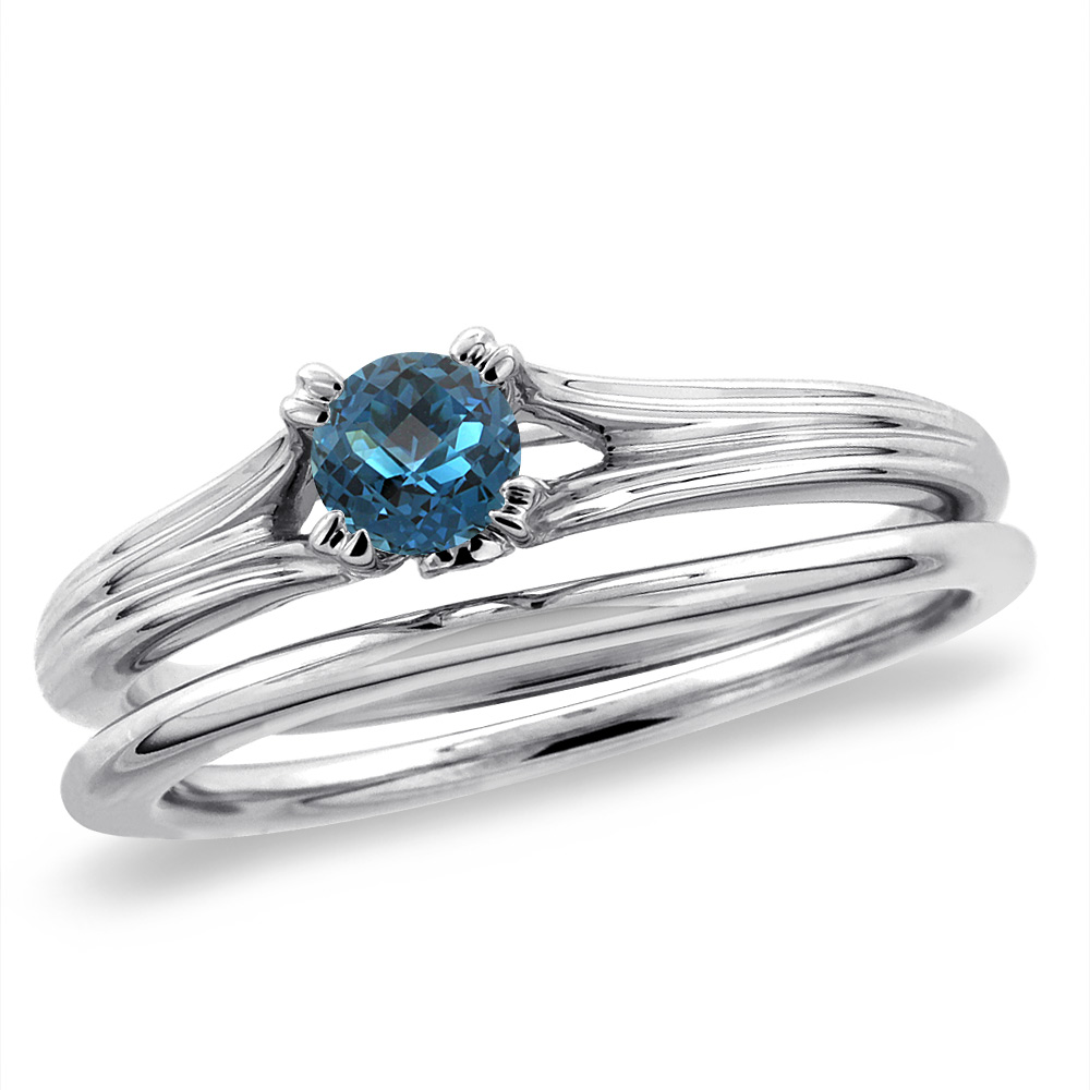 14K White Gold Diamond Natural London Blue Topaz 2pc Solitaire Engagement RingSet Round5mm,size5-10