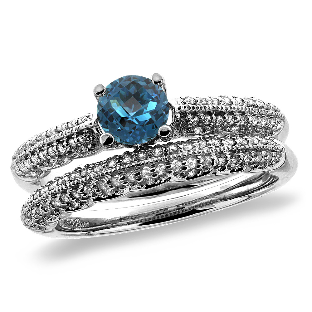 14K White/Yellow Gold Diamond Natural London Blue Topaz 2pc Engagement RingSet Round 5mm,size5-10