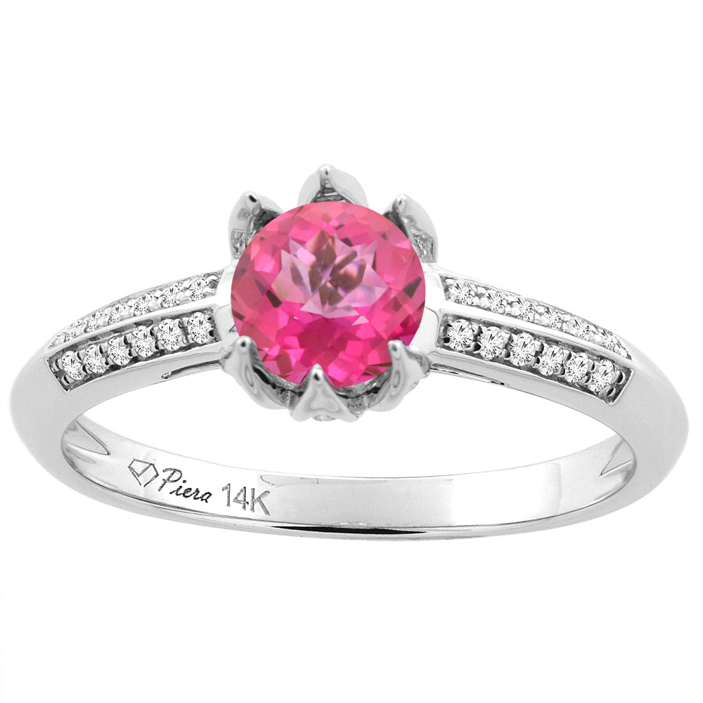 14K White Gold Natural Pink Topaz Engagement Ring Round 6 mm & Diamond Accents, sizes 5 - 10