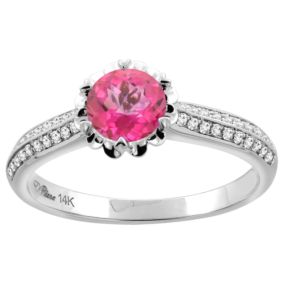 14K White Gold Natural Pink Topaz Engagement Ring Round 6 mm & Diamond Accents, sizes 5 - 10