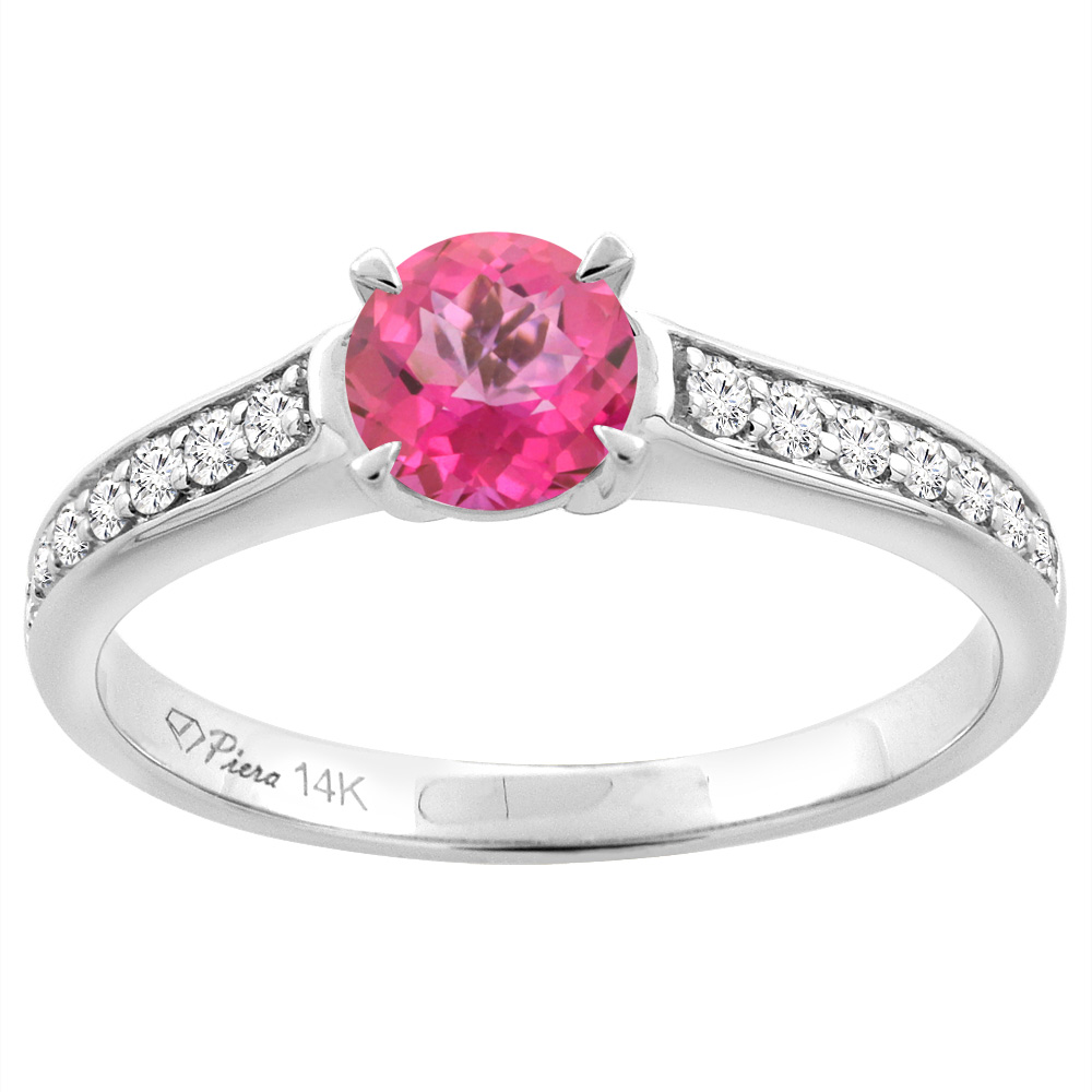 14K White Gold Natural Pink Topaz Engagement Ring Round 6 mm & Diamond Accents, sizes 5 - 10