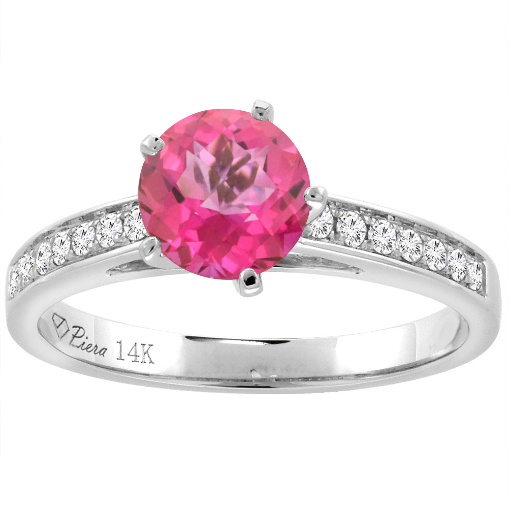 14K White Gold Diamond Natural Pink Topaz Engagement Ring Round 7 mm, sizes 5-10