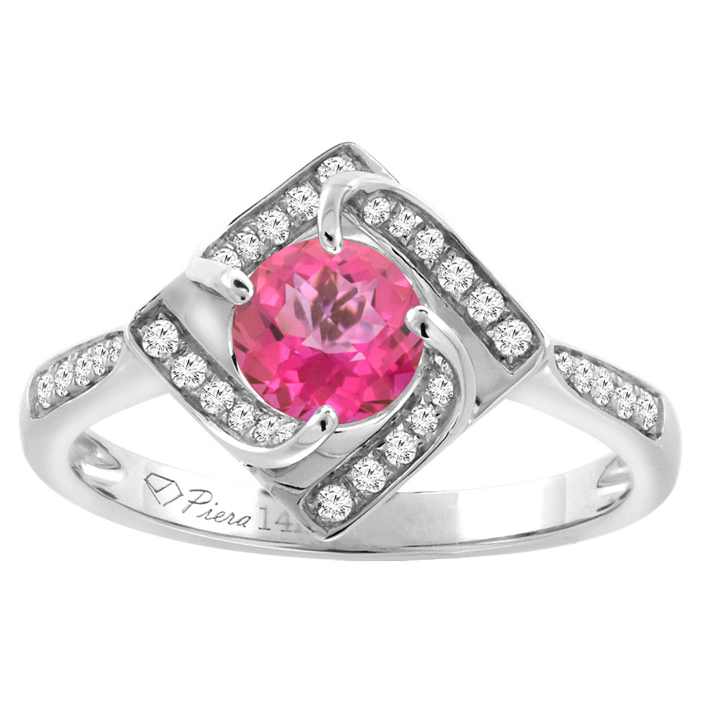 14K White Gold Diamond Natural Pink Topaz Engagement Ring Round 7 mm, sizes 5-10