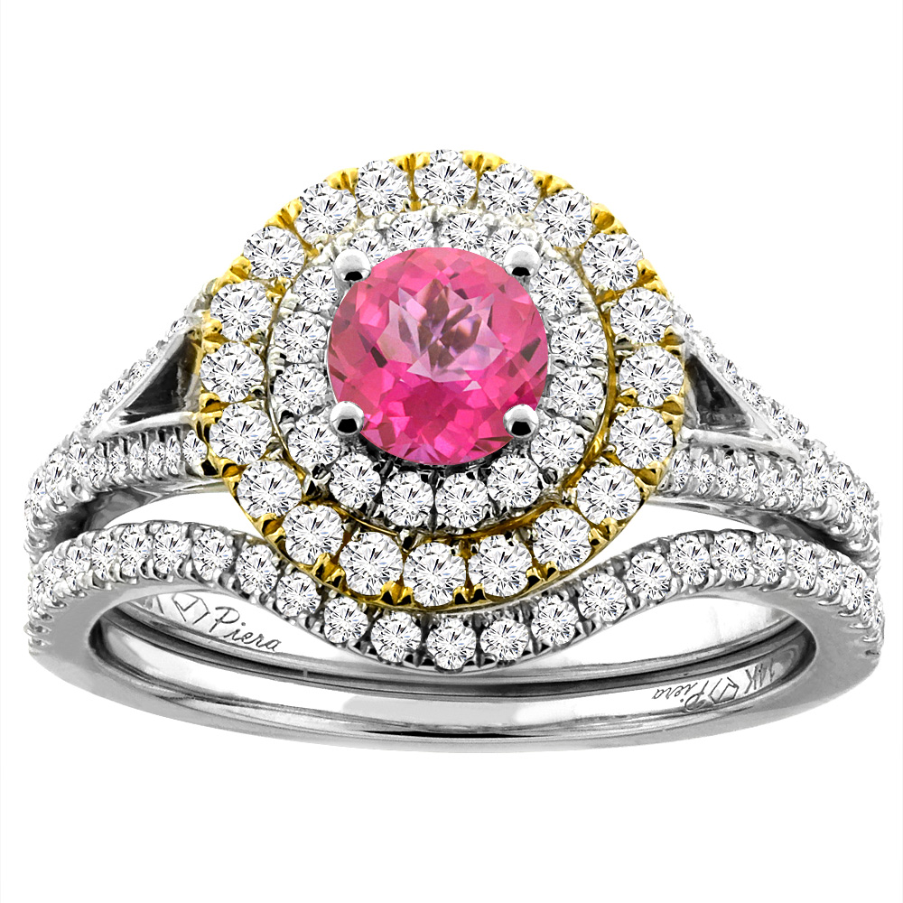 14K White Gold Diamond Natural Pink Topaz Halo Engagement Bridal Ring Set Round 5 mm, sizes 5-10