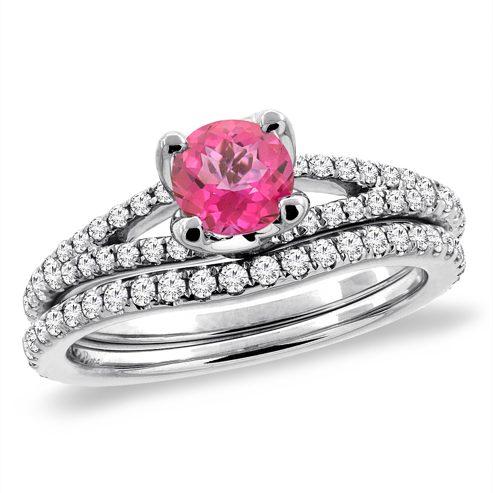 14K White Gold Diamond Natural Pink Topaz 2pc Engagement Ring Set Round 5 mm, sizes 5-10