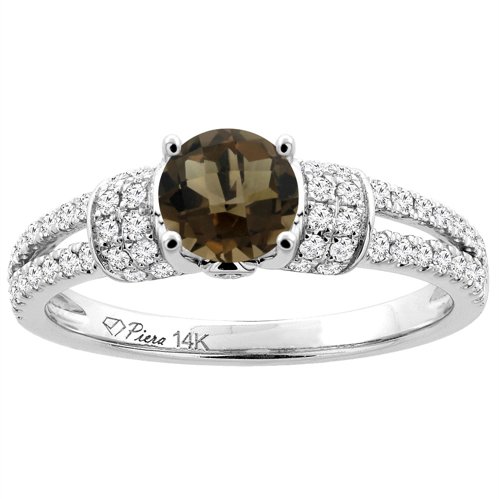 14K White Gold Natural Smoky Topaz Engagement Ring Round 6 mm & Diamond Accents, sizes 5 - 10