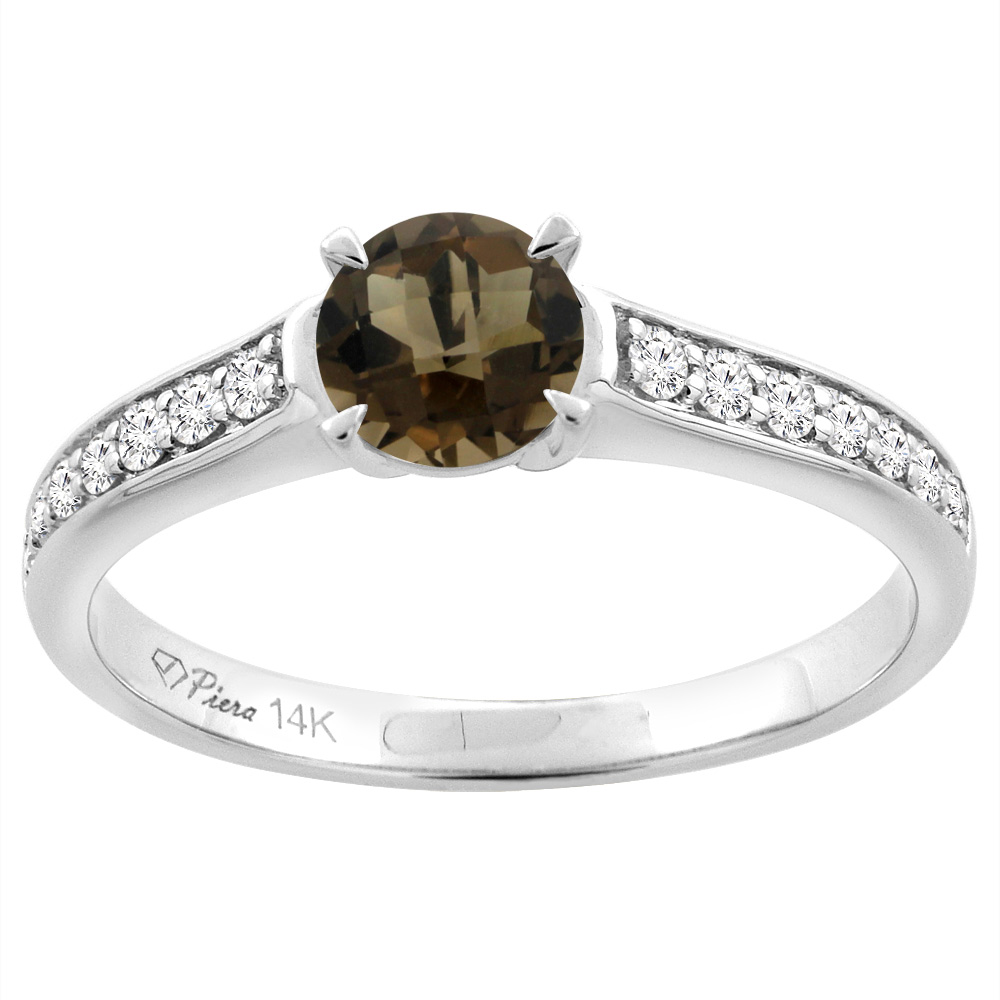 14K White Gold Natural Smoky Topaz Engagement Ring Round 6 mm & Diamond Accents, sizes 5 - 10