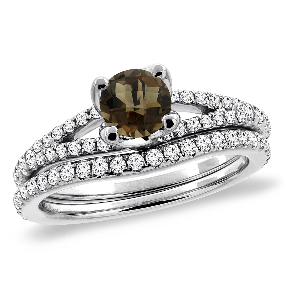 14K White Gold Diamond Natural Smoky Topaz 2pc Engagement Ring Set Round 5 mm, sizes 5-10