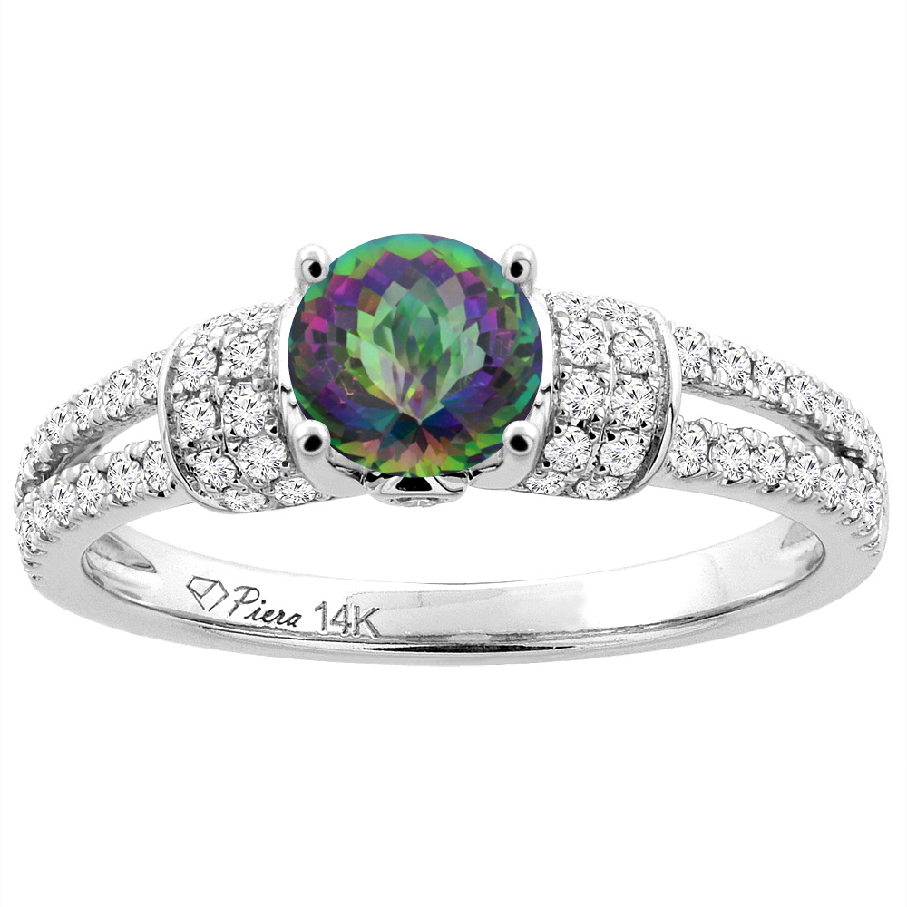 14K White Gold Natural Mystic Topaz Engagement Ring Round 6 mm & Diamond Accents, sizes 5 - 10