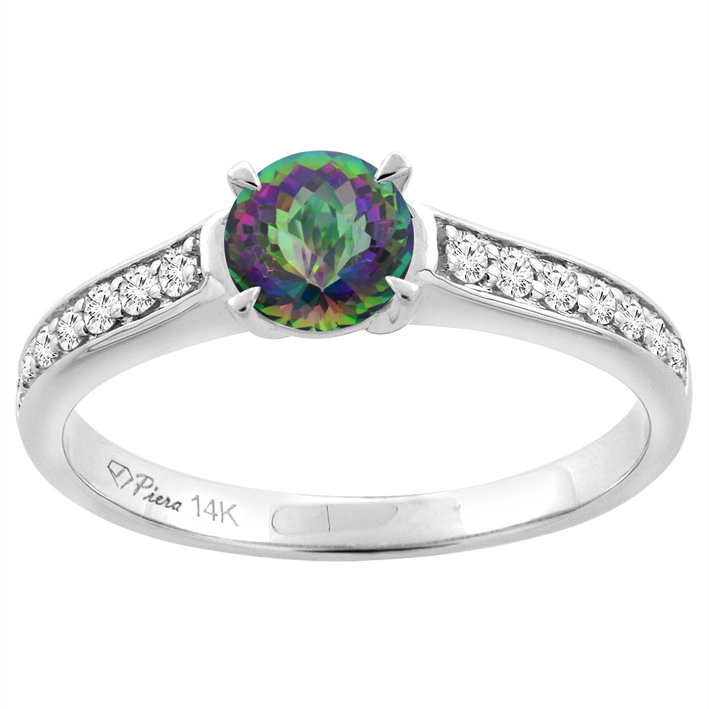 14K White Gold Natural Mystic Topaz Engagement Ring Round 6 mm & Diamond Accents, sizes 5 - 10