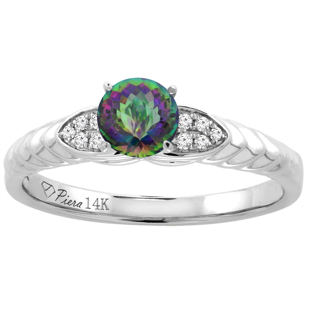 14K White Gold Diamond Natural Mystic Topaz Engagement Ring Round 5 mm, sizes 5-10