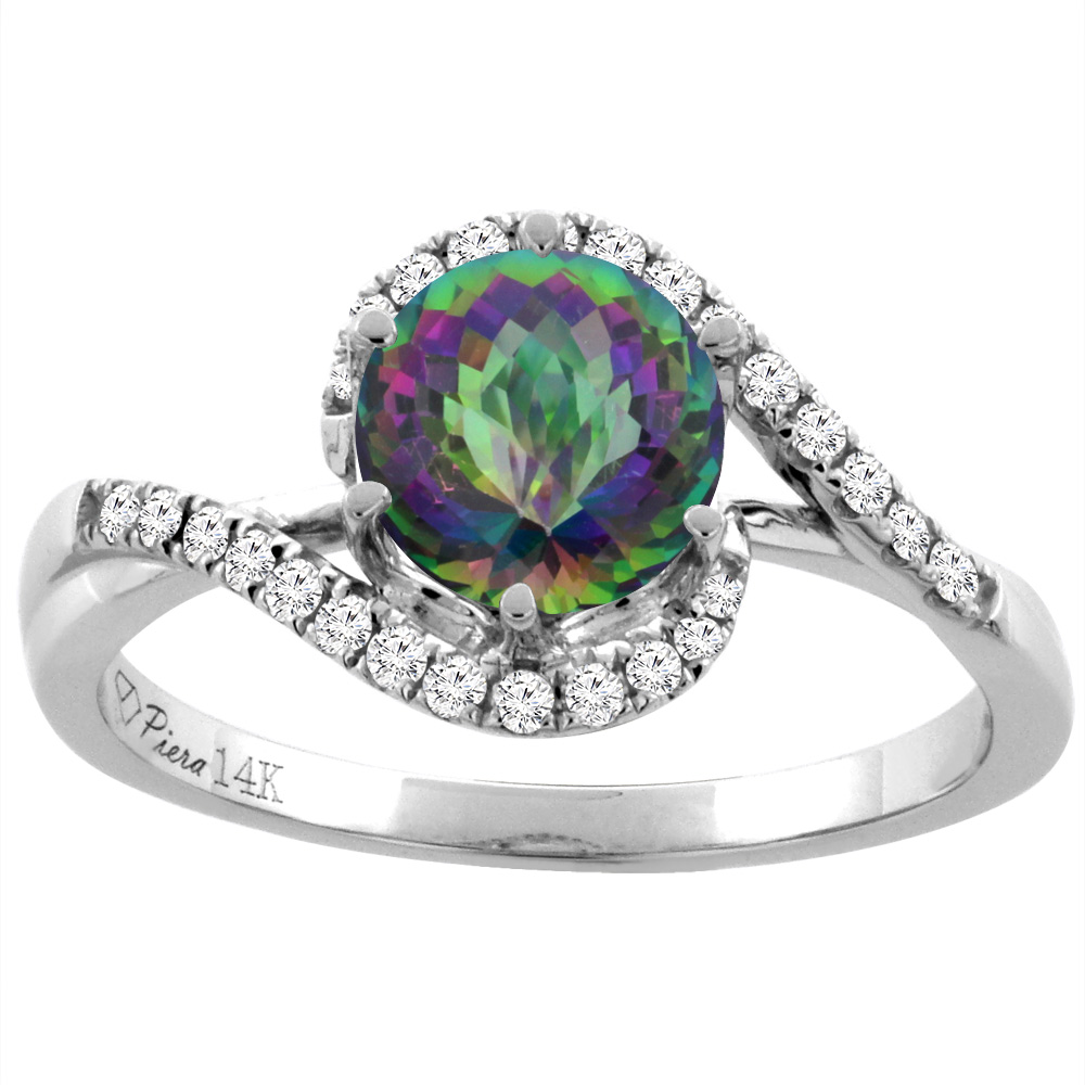 14K White Gold Diamond Natural Mystic Topaz Bypass Engagement Ring Round 7 mm, sizes 5-10