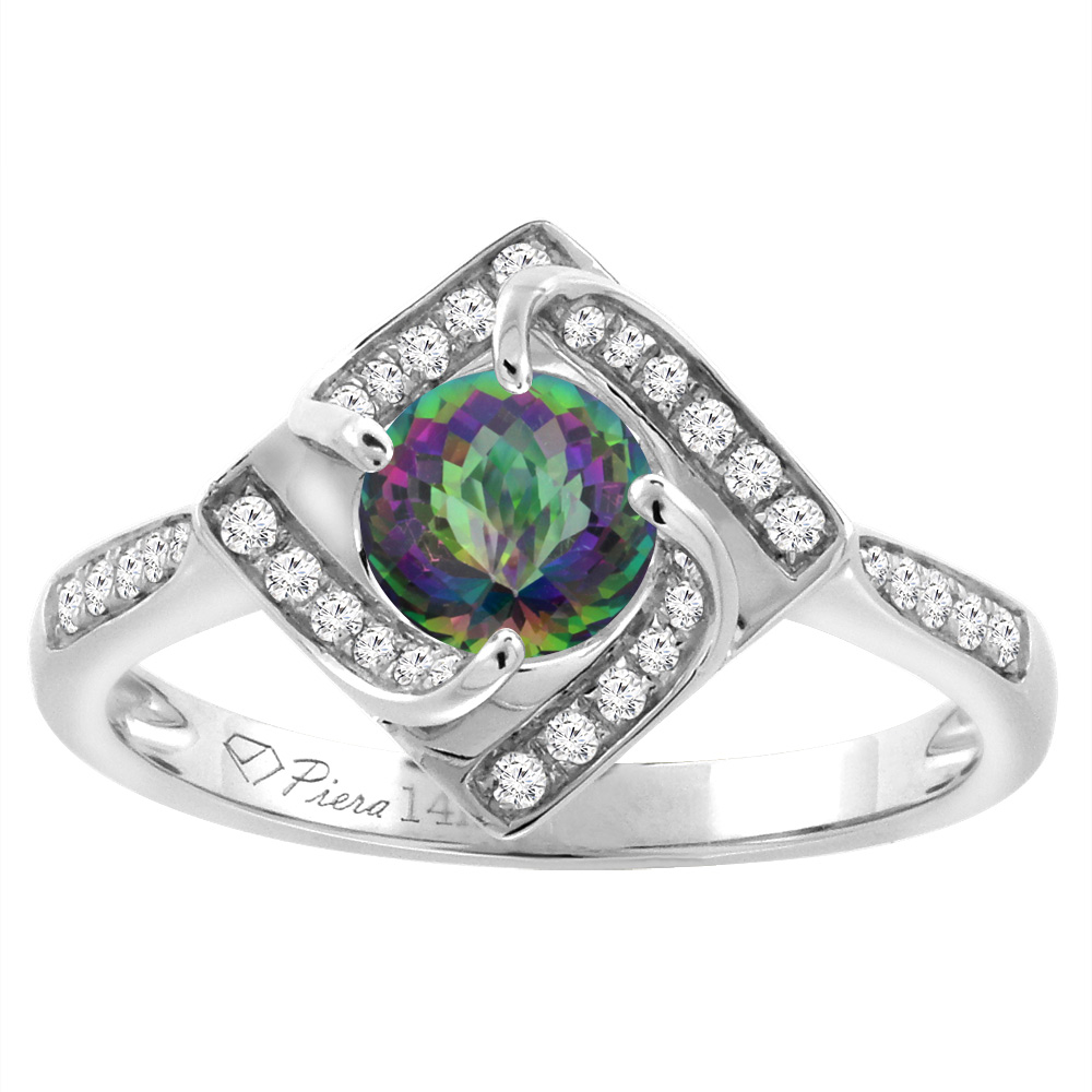 14K White Gold Diamond Natural Mystic Topaz Engagement Ring Round 7 mm, sizes 5-10