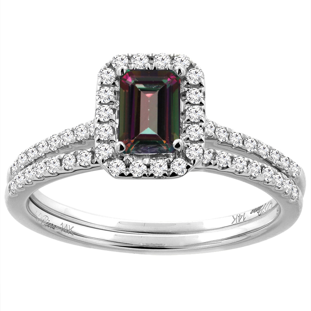 14K White/Yellow Gold Diamond Halo Natural Mystic Topaz 2pc Engagement Ring Set Octagon 7x5 mm, sizes 5-10