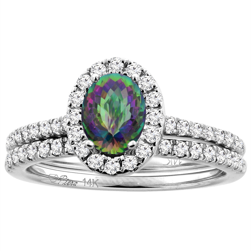 14K White/Yellow Gold Diamond Halo Natural Mystic Topaz 2pc Engagement Ring Set Oval 7x5 mm, sizes 5-10