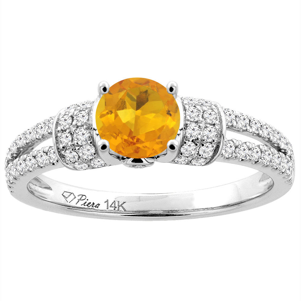 14K White Gold Natural Citrine Engagement Ring Round 6 mm & Diamond Accents, sizes 5 - 10