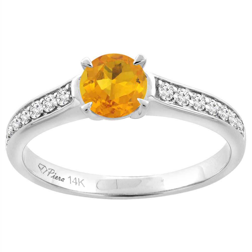 14K White Gold Natural Citrine Engagement Ring Round 6 mm & Diamond Accents, sizes 5 - 10