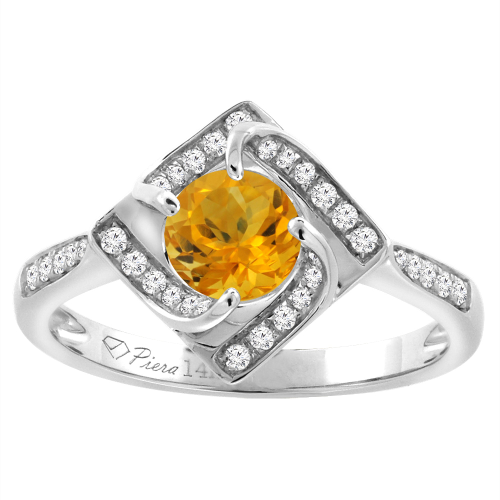 14K White Gold Diamond Natural Citrine Engagement Ring Round 7 mm, sizes 5-10