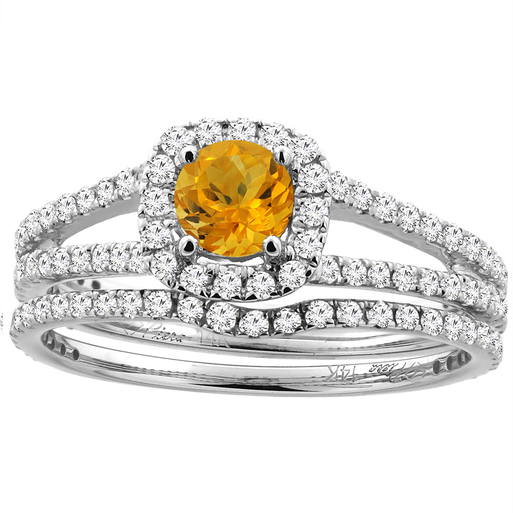 14K White Gold Diamond Halo Natural Citrine 2pc Engagement Ring Set Round 5 mm, sizes 5-10