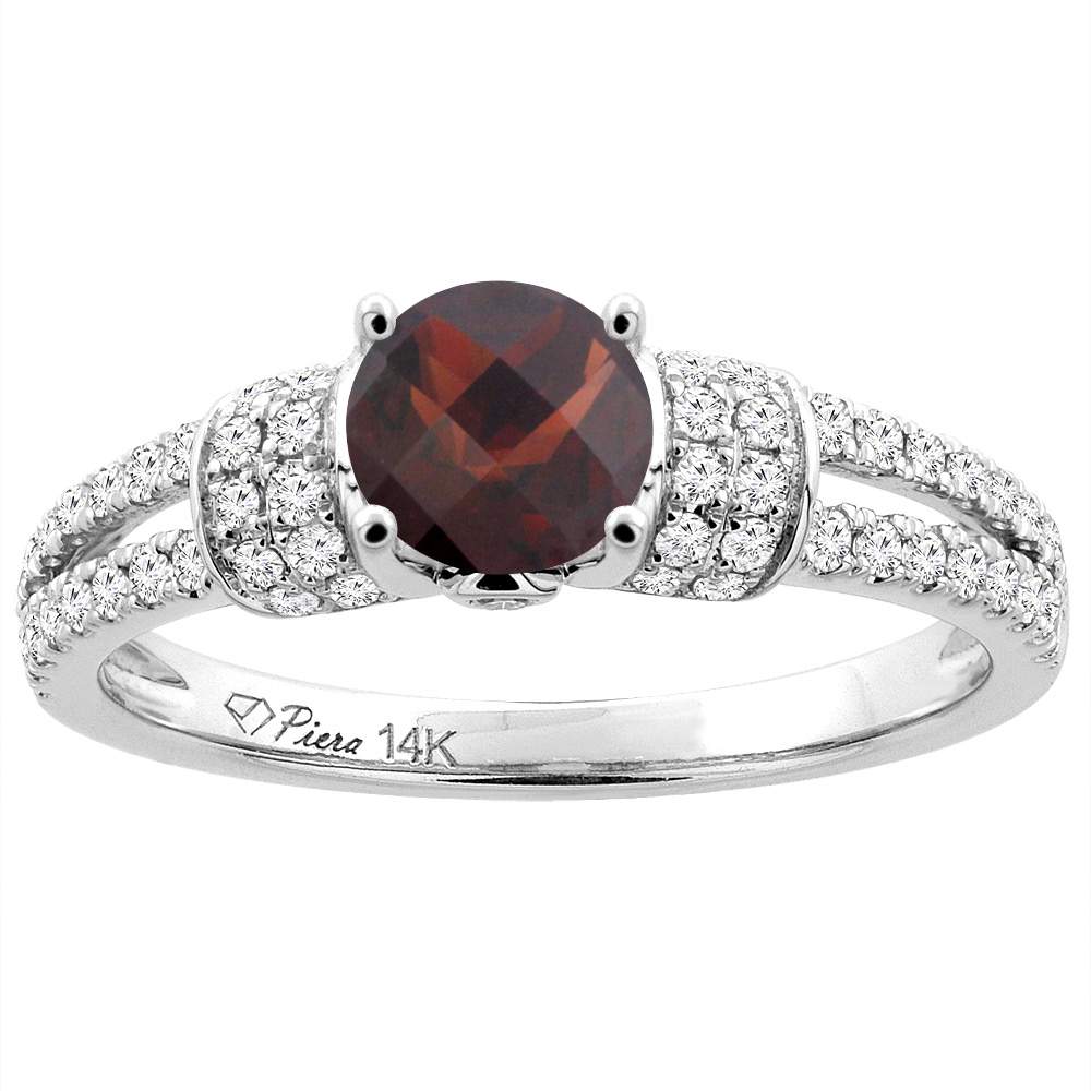 14K White Gold Natural Garnet Engagement Ring Round 6 mm & Diamond Accents, sizes 5 - 10